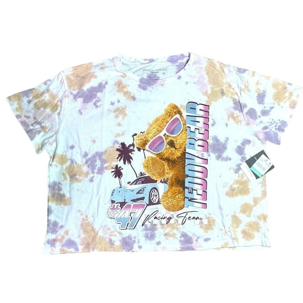 NWT Teddy Bear Racing Team Tie Dye Graphic Tee L Cute Fun Cozy Summer Casual